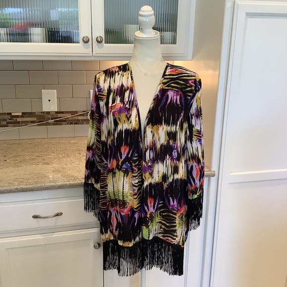 Russell Kemp NY Abstract Colorful Fringe Kimono Cardigan Size Large - Picture 1 of 8